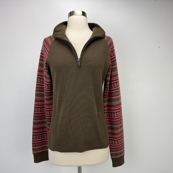 The North Face Sweaters - The North Face Womens M Wool Blend 1/4 Zip Sweater Brown Pink Fair Isle Fitted